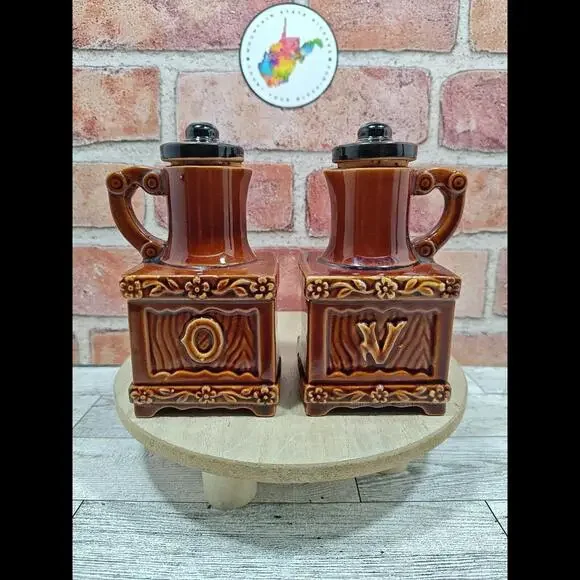 Vintage Brown Glaze Unique Oil And Vinegar Dispensers With Stoppers From Japan - Picture 1 of 10